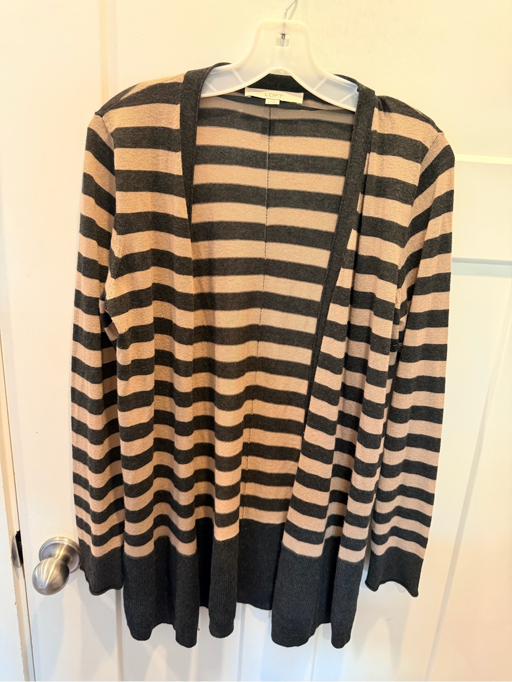LOFT Large Striped Open Front Cardigan Tan Gray Lightweight Sweater